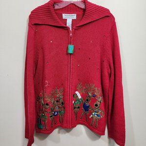 Vintage Tiara International Christmas reindeer full zip sweater woman's size L